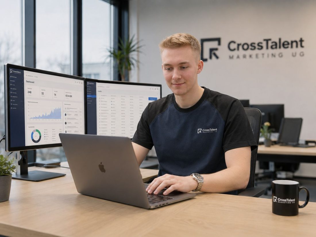 Entwickler am Schreibtisch mit zwei Bildschirmen und CrossTalent OS.