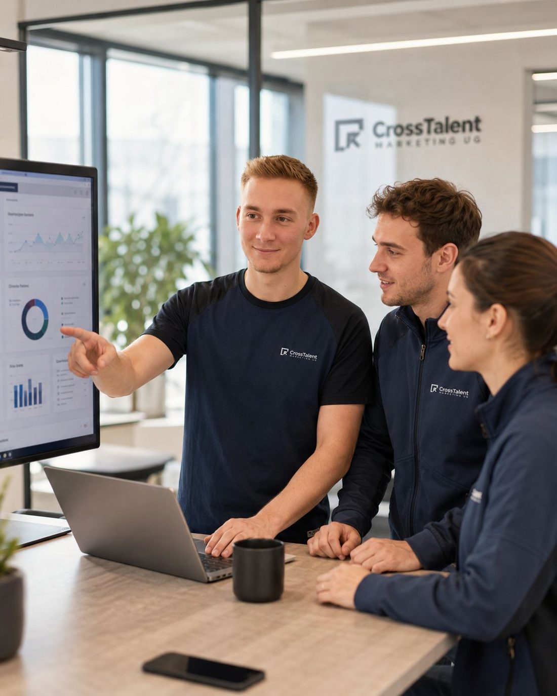 CrossTalent-Team analysiert gemeinsam Kampagnen-Zahlen am Bildschirm.